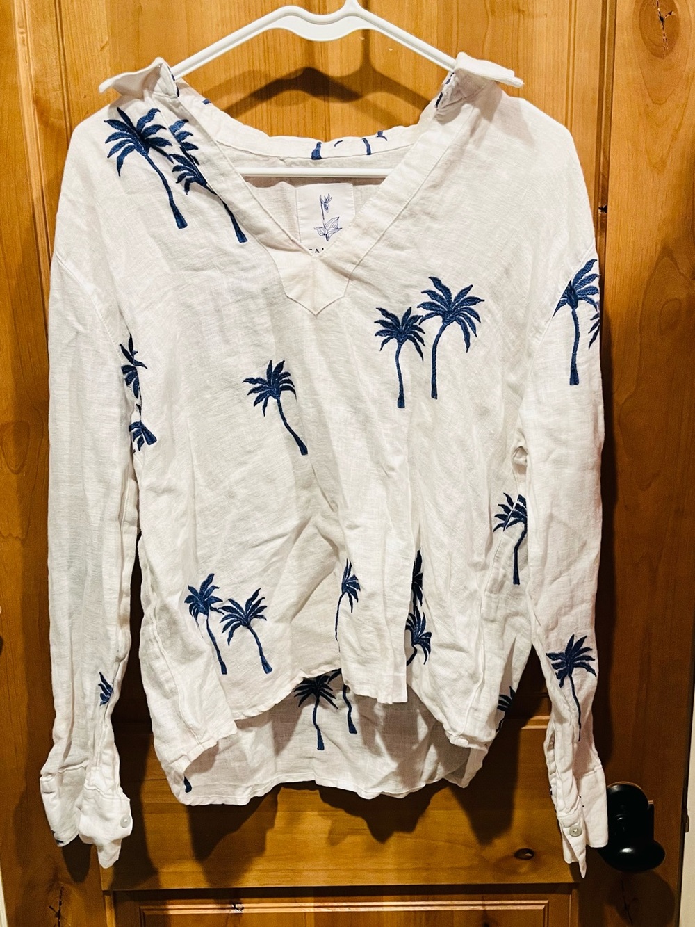 Calypso St. Barth White Button-Down Top with Blue Palm Embroidery